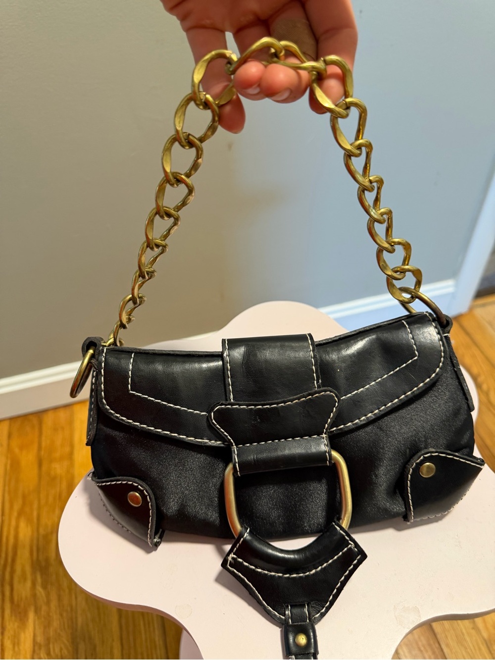 Black faux leather Chain-Handle Women's Y2k Shoulder Bag